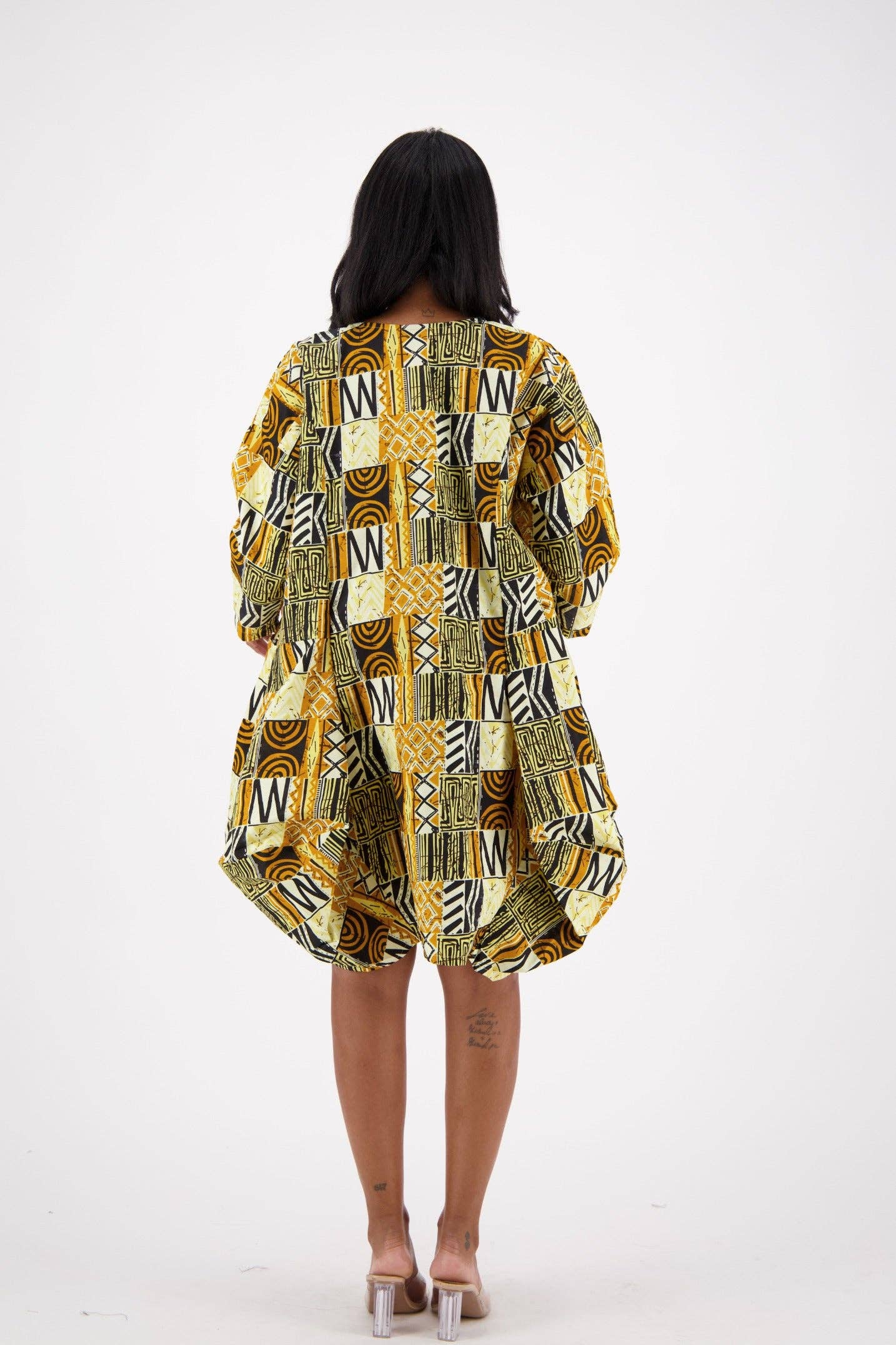 Golden Mosaic Bubble Hem Mini Dress for Women | Statement Print Long Sleeve Fashion Dress with Pockets