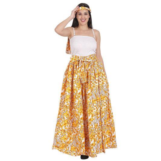 Gold Floral Print Ankara Maxi Skirt for Women – Elastic Waist Long African Wax Cotton Skirt with Matching Scarf