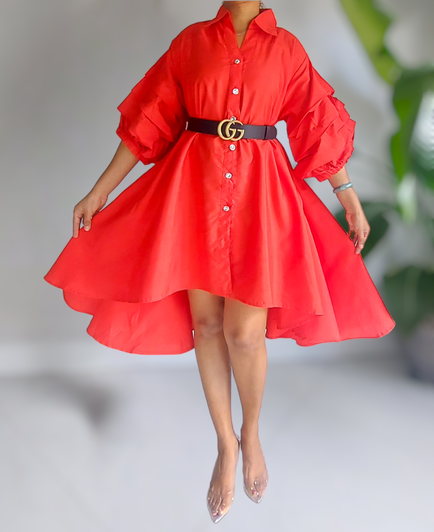 Women’s red faux silk swing dress with hi-low hem and ruffle sleeves, plus-size friendly