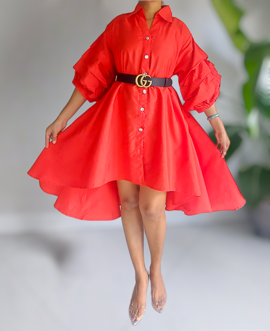 Women’s red faux silk swing dress with hi-low hem and ruffle sleeves, plus-size friendly