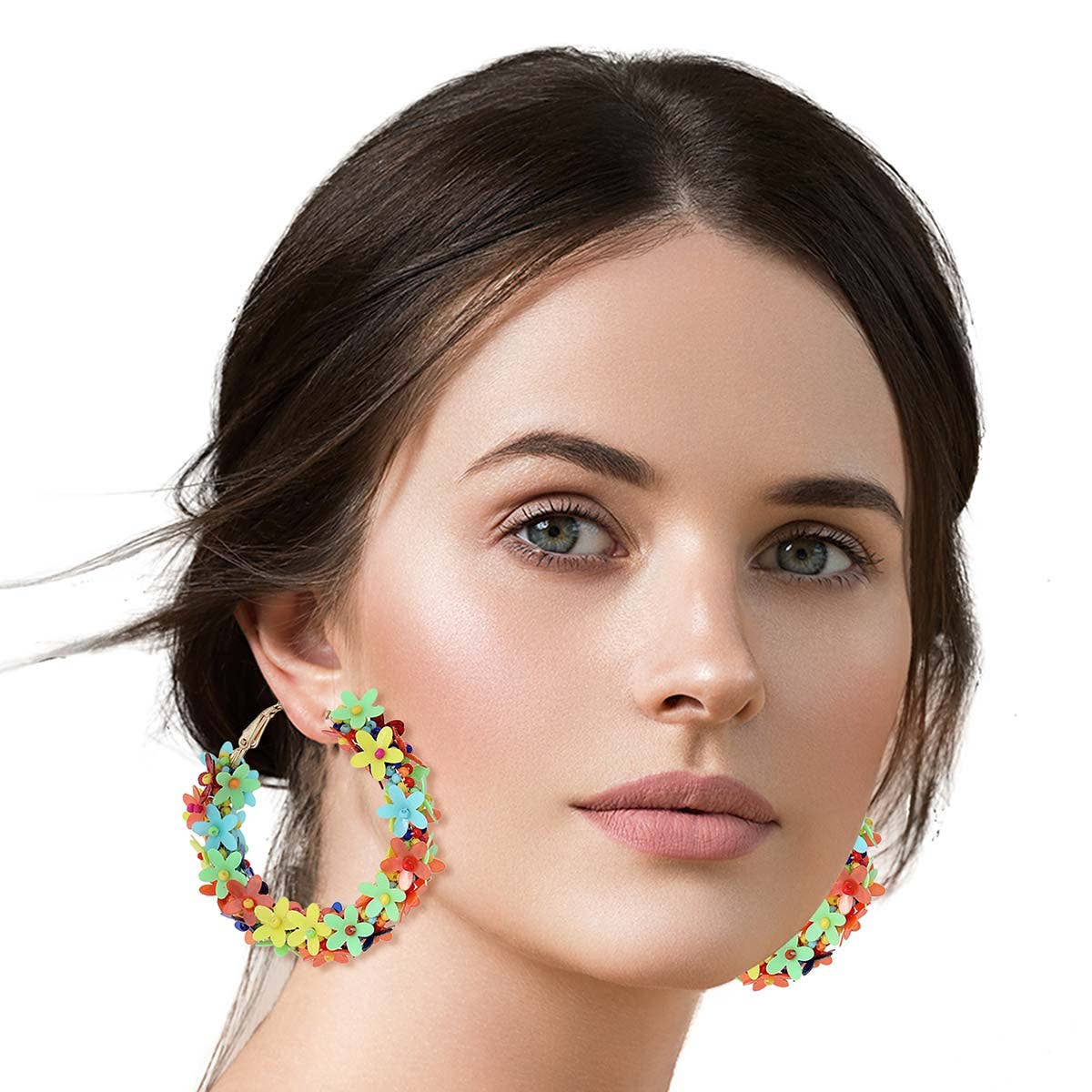 Multi Color Daisy Covered Hoops: Multi Color / 2 inches / Gold