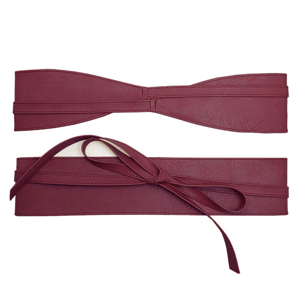 Burgundy faux leather corset waist belt shown flat from the front and back, featuring a wide wrap design and adjustable tie closure.