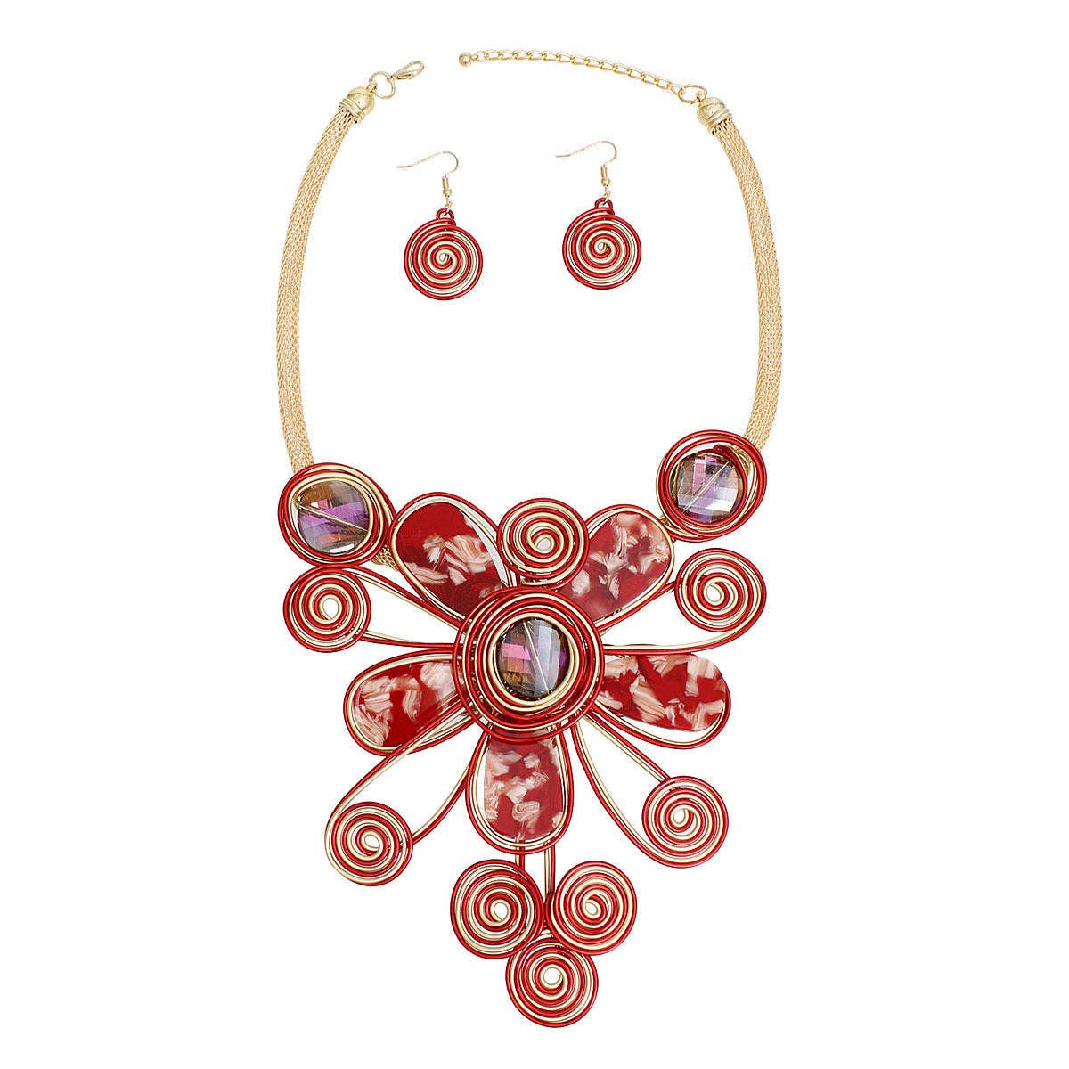 Red Wire Flower Petal Necklace Set