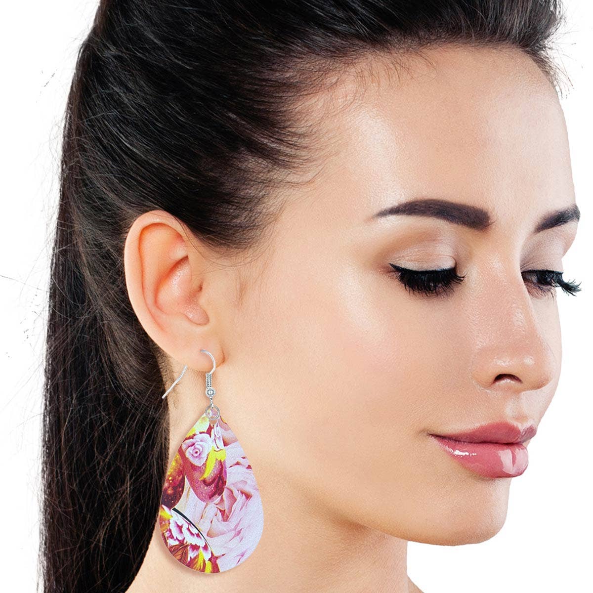 Fuchsia Floral Printed Teardrop Earrings: Fuschia