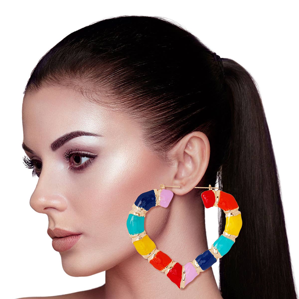 Rainbow Heart Bamboo Hoops: Color / 3 inches / Gold