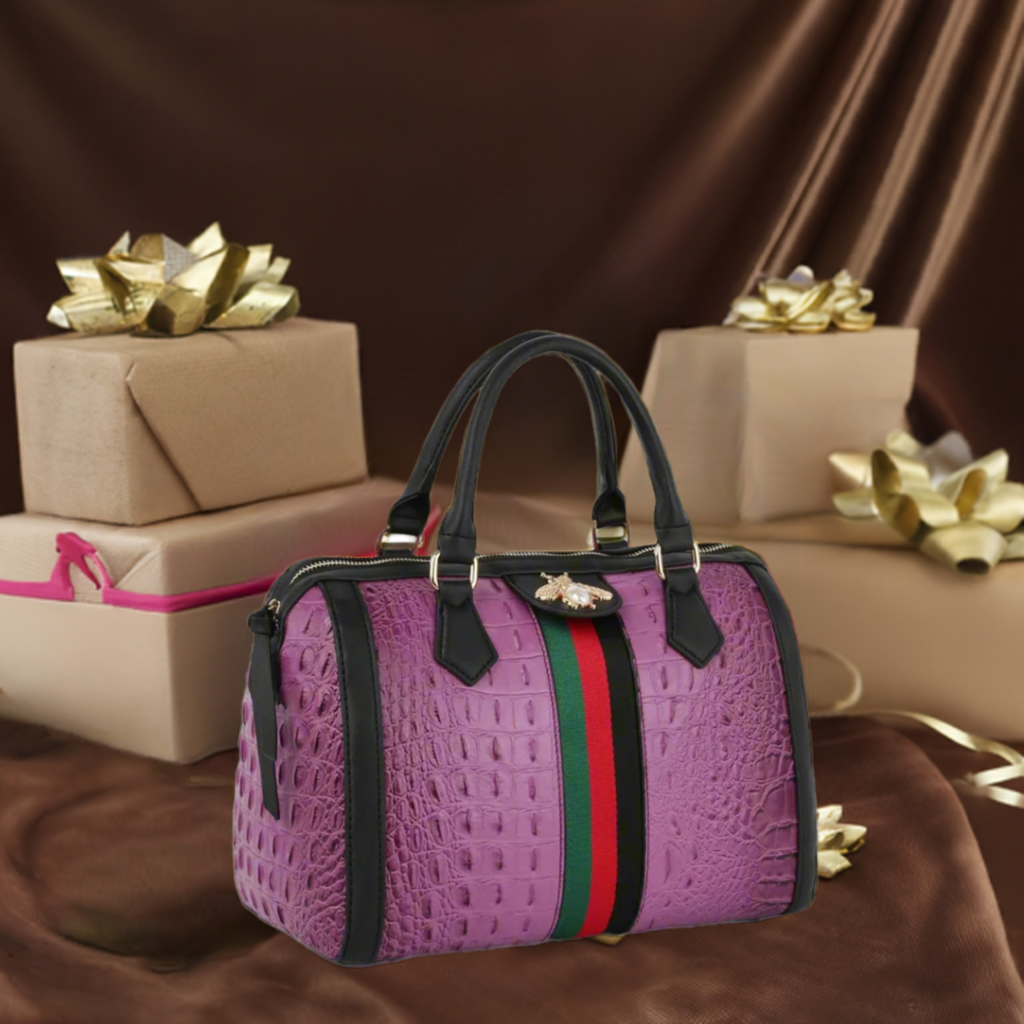 Fashion Croco Satchel with bee and Stripe: Purple