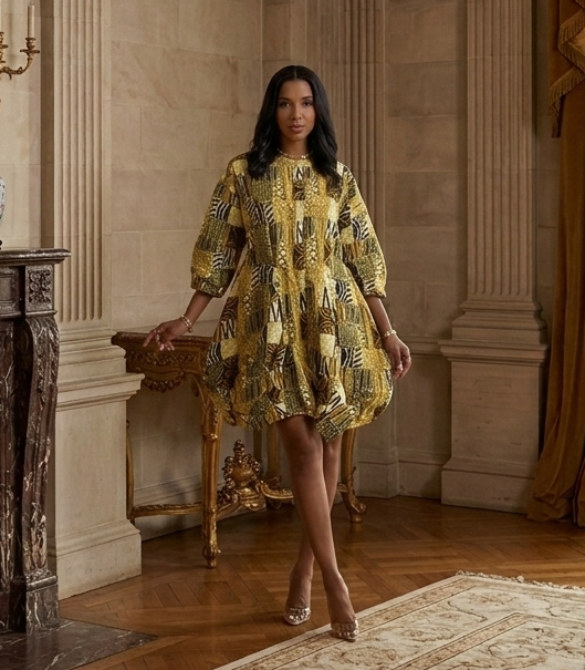 Golden Mosaic Bubble Hem Mini Dress for Women | Statement Print Long Sleeve Fashion Dress with Pockets