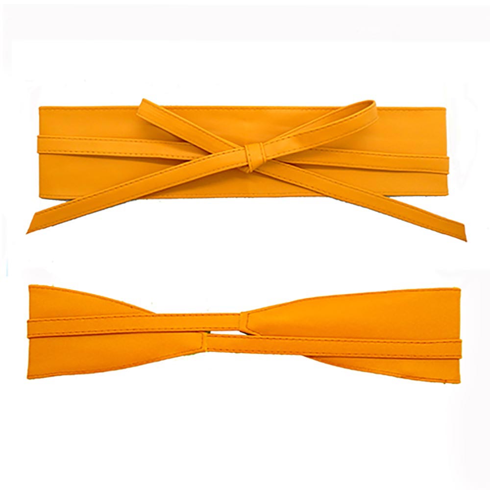 Mustard yellow faux leather corset waist belt shown flat from the front and back, featuring a wide wrap design and tie closure.