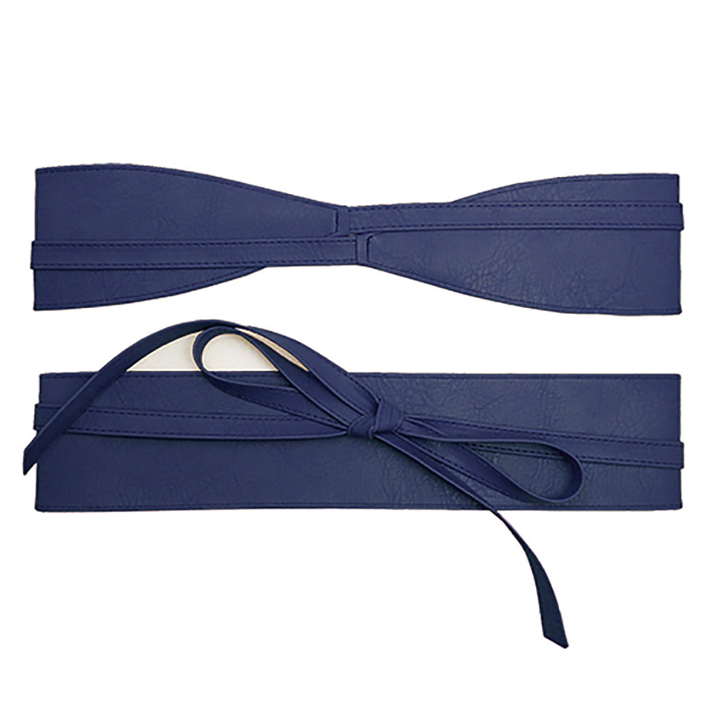 Navy blue faux leather corset waist belt displayed flat from the front and back on a white background, featuring a wide wrap design and adjustable tie closure.