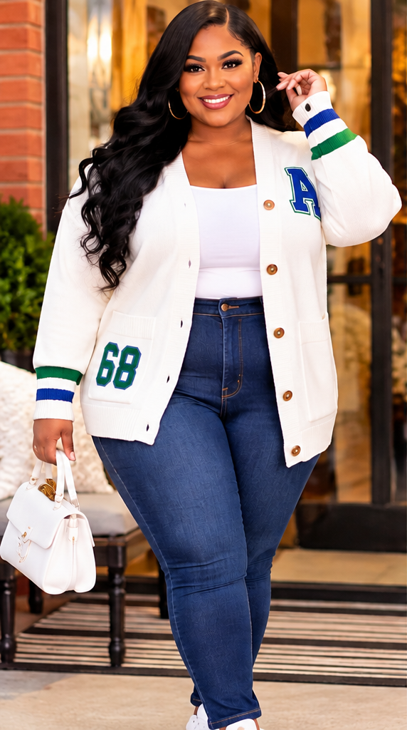 Front view of an ivory women's varsity cardigan with blue and green striped sleeves, collegiate letter patch, button-down front, and two pockets.